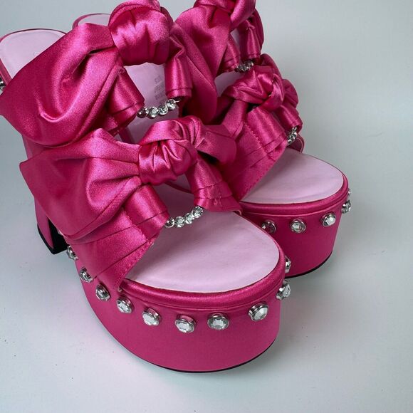 Sugar Thrillz Strike a Pose Diamante Bow Mule Heels Pink Satin Platform Size 10 - Picture 9 of 12